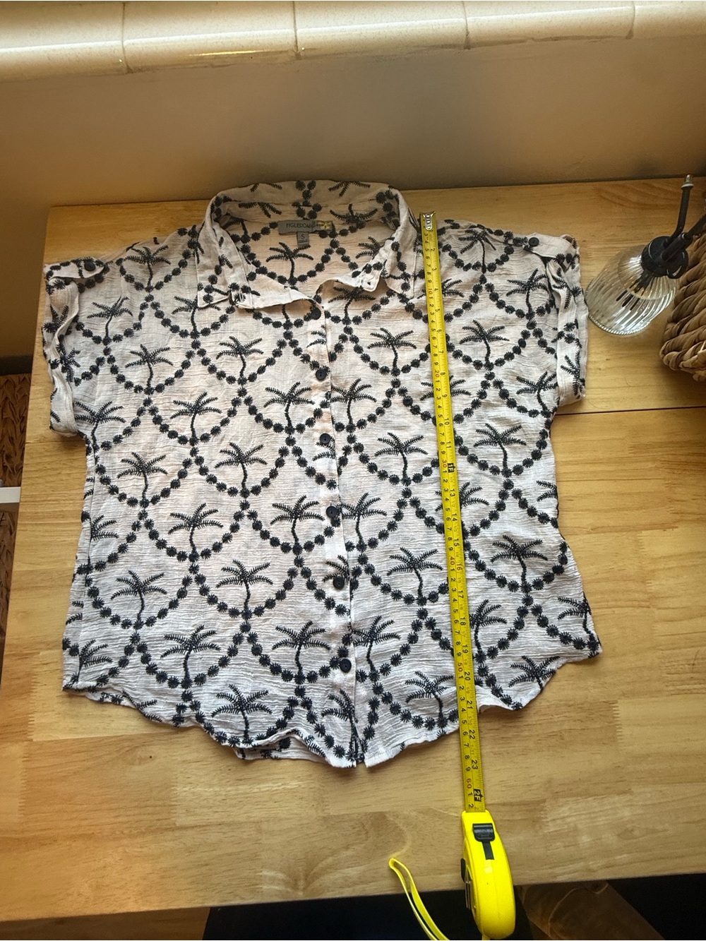 Short-Sleeve Button-Up Shirt in Cream with Black Palm Print